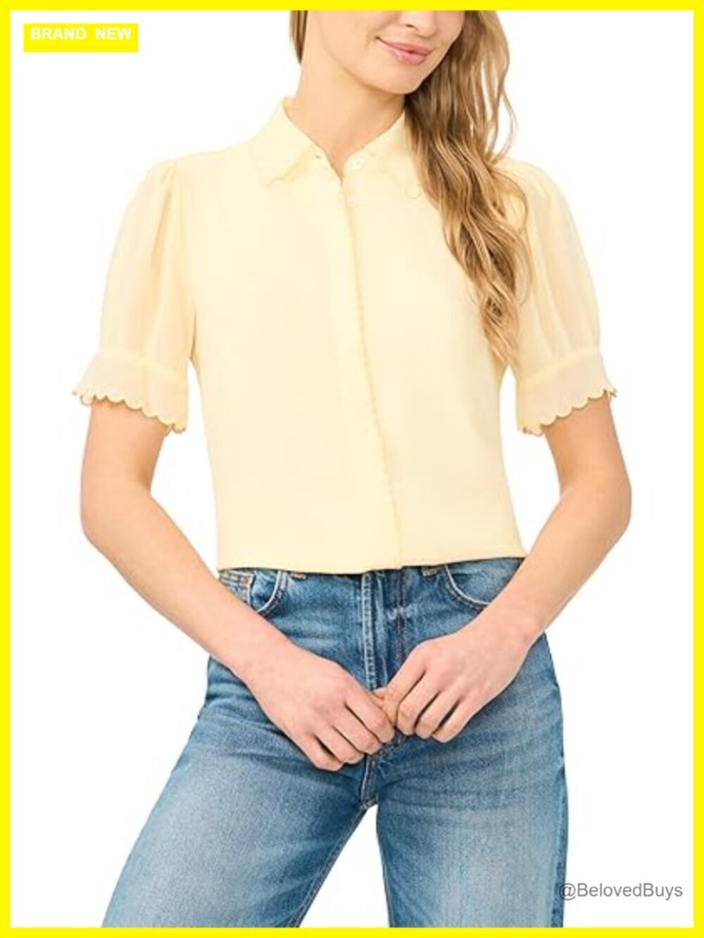 Short Sleeve Scallop Trim Button Up Top